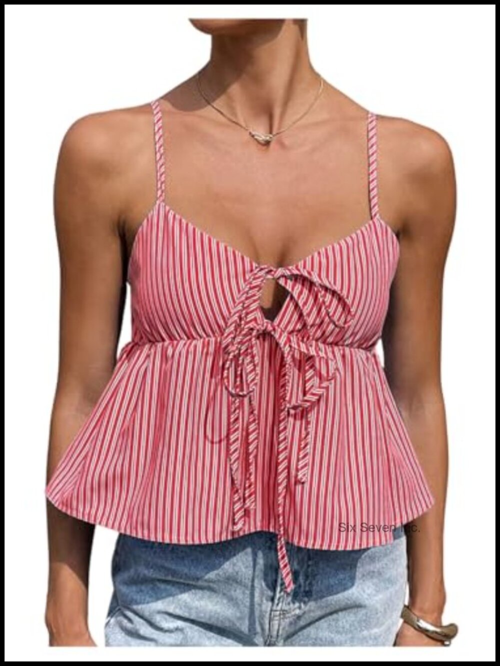Striped Sleeveless Tie Front Ruffle Hem Peplum Camisole Top